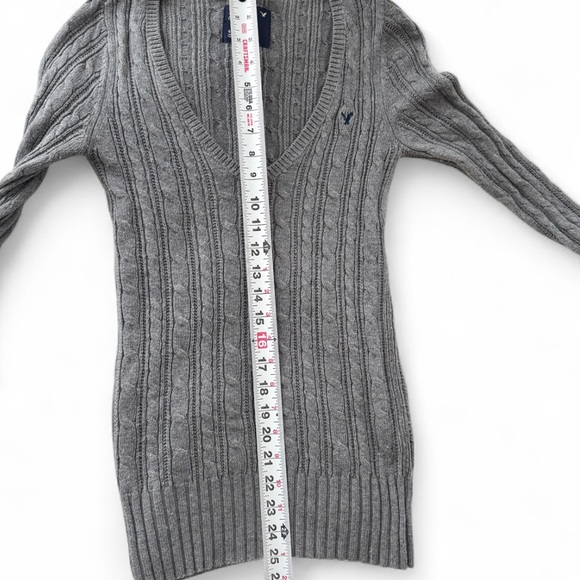 American Eagle Vintage Cable Knit V-Neck Sweater Grey (2000s) Y2K cotton wool - Picture 7 of 7